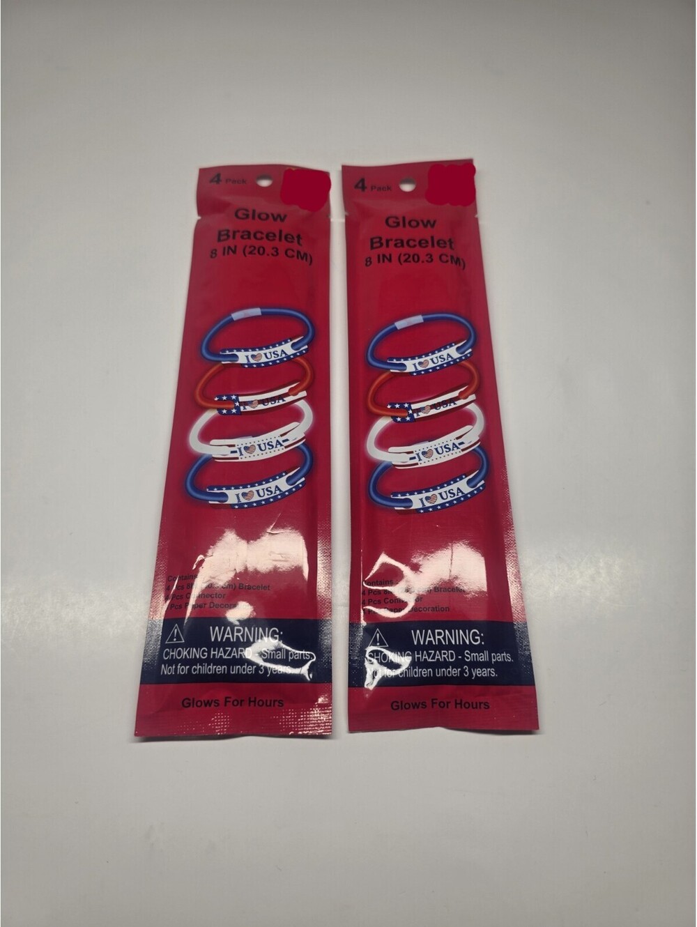 I LOVE USA - Red White & Blue - 8" Glow Bracelets - American Heart - 2 Pack